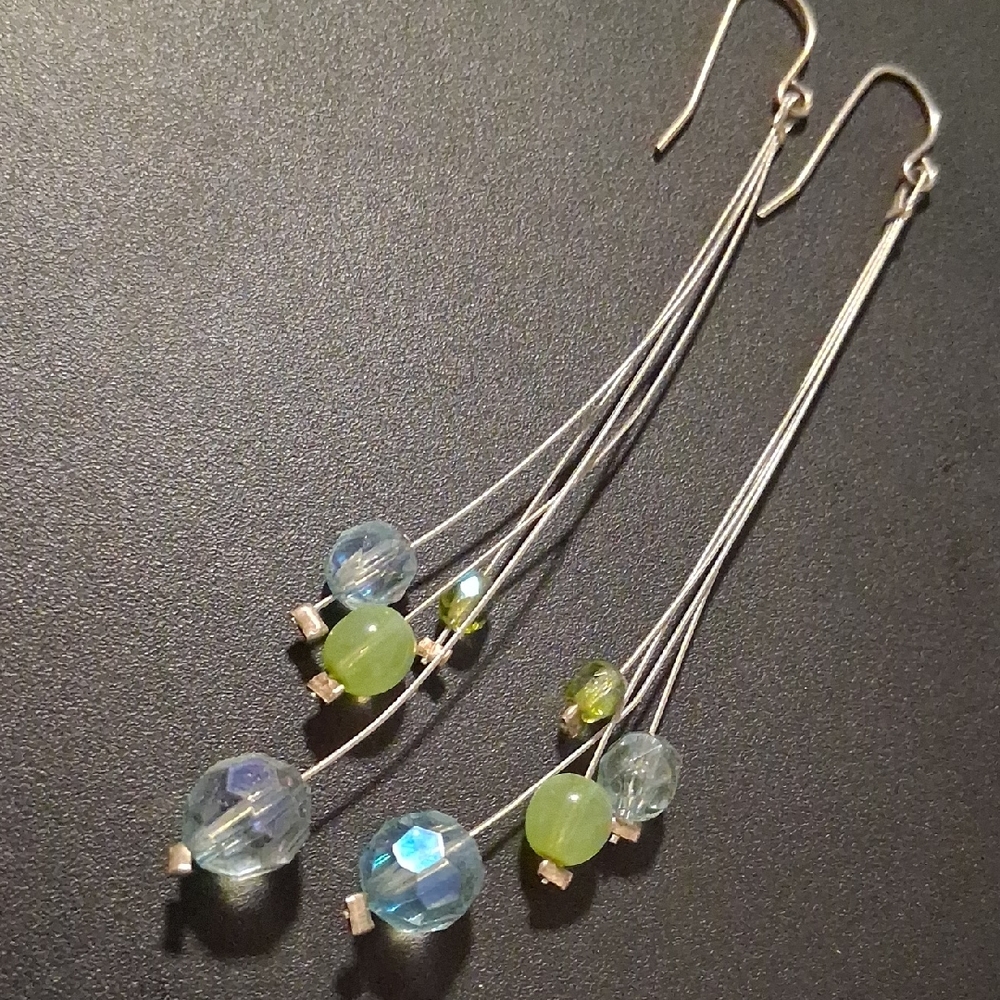 Elegant Silver, Blue & Green Crystal Cut Beaded Dangle Cable Earrings.